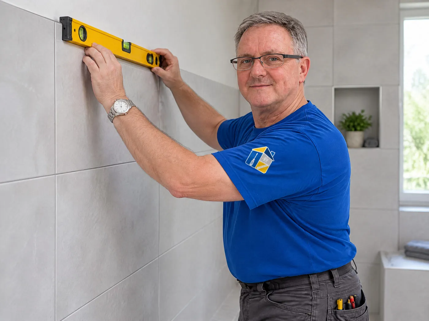 Frank Siebert prüft geflieste Wand mit der Wasserwaage