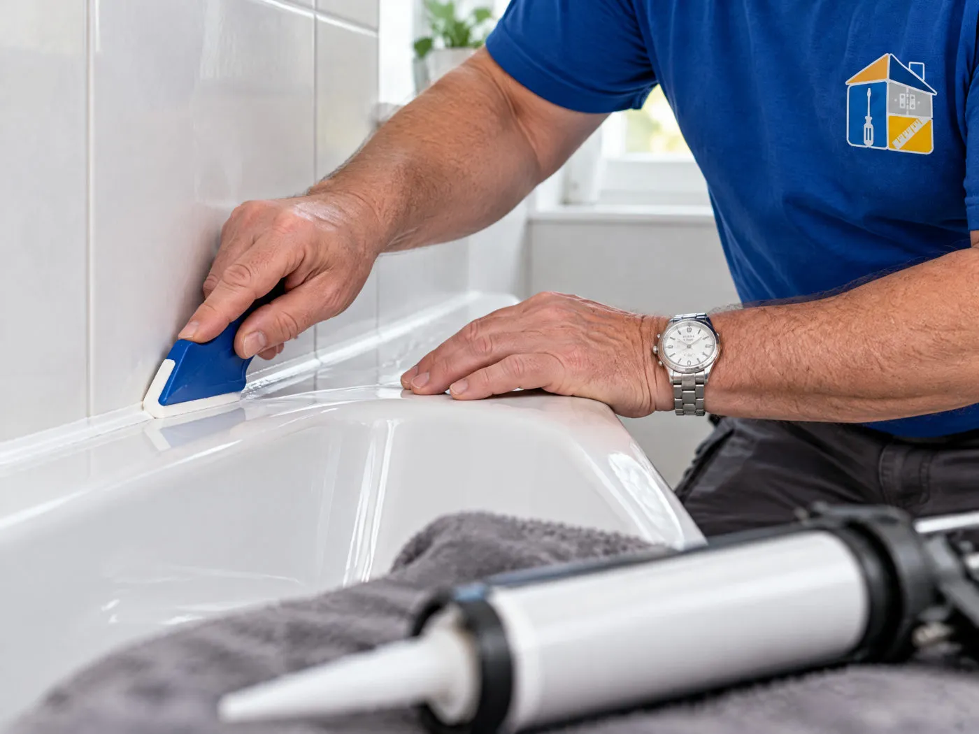 Silikonfuge an der Badewanne wird abgezogen