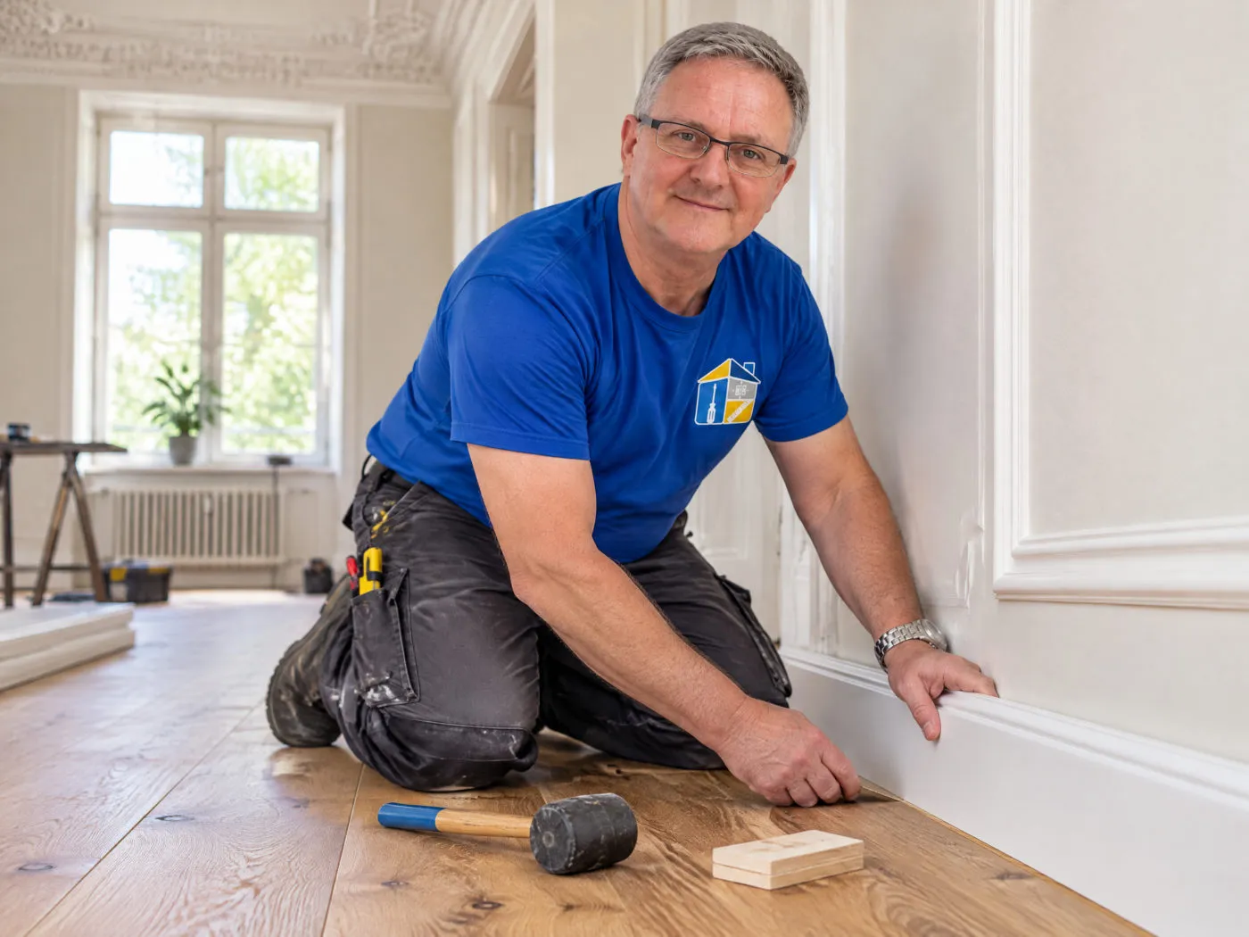 Frisch verlegter Dielenboden, Frank Siebert setzt eine Sockelleiste