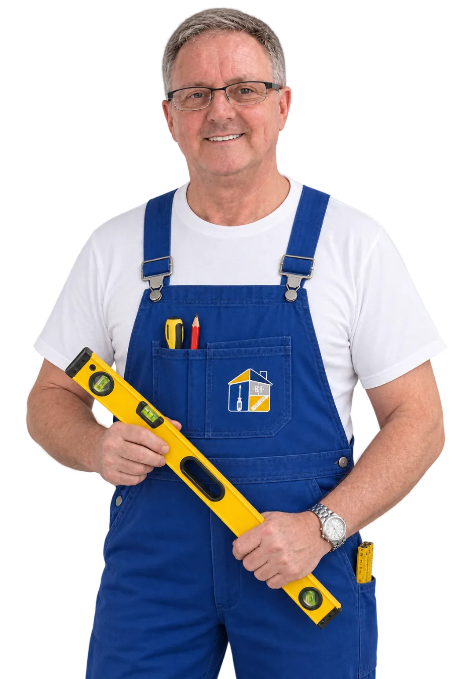 Frank Siebert in blauer Latzhose mit Wasserwaage