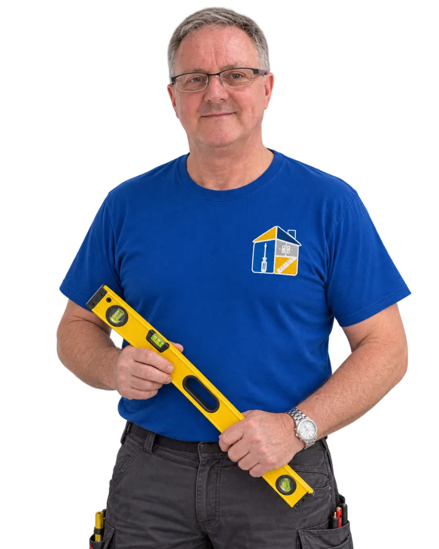Frank Siebert hält eine Wasserwaage