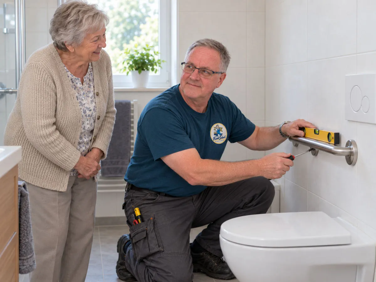 Frank Siebert richtet einen Haltegriff mit der Wasserwaage aus, eine Kundin schaut zu