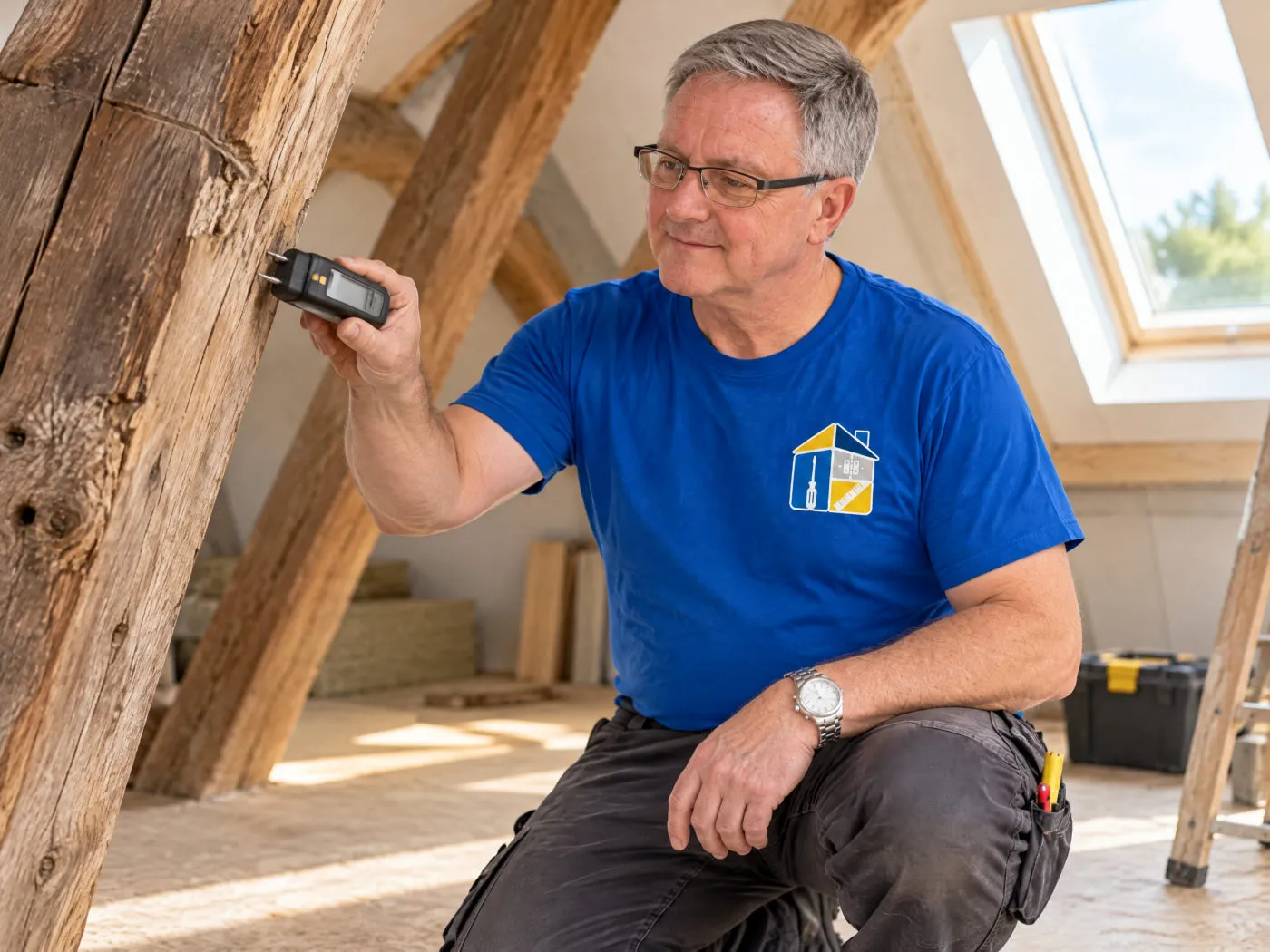 Frank Siebert misst die Feuchte eines Dachbalkens
