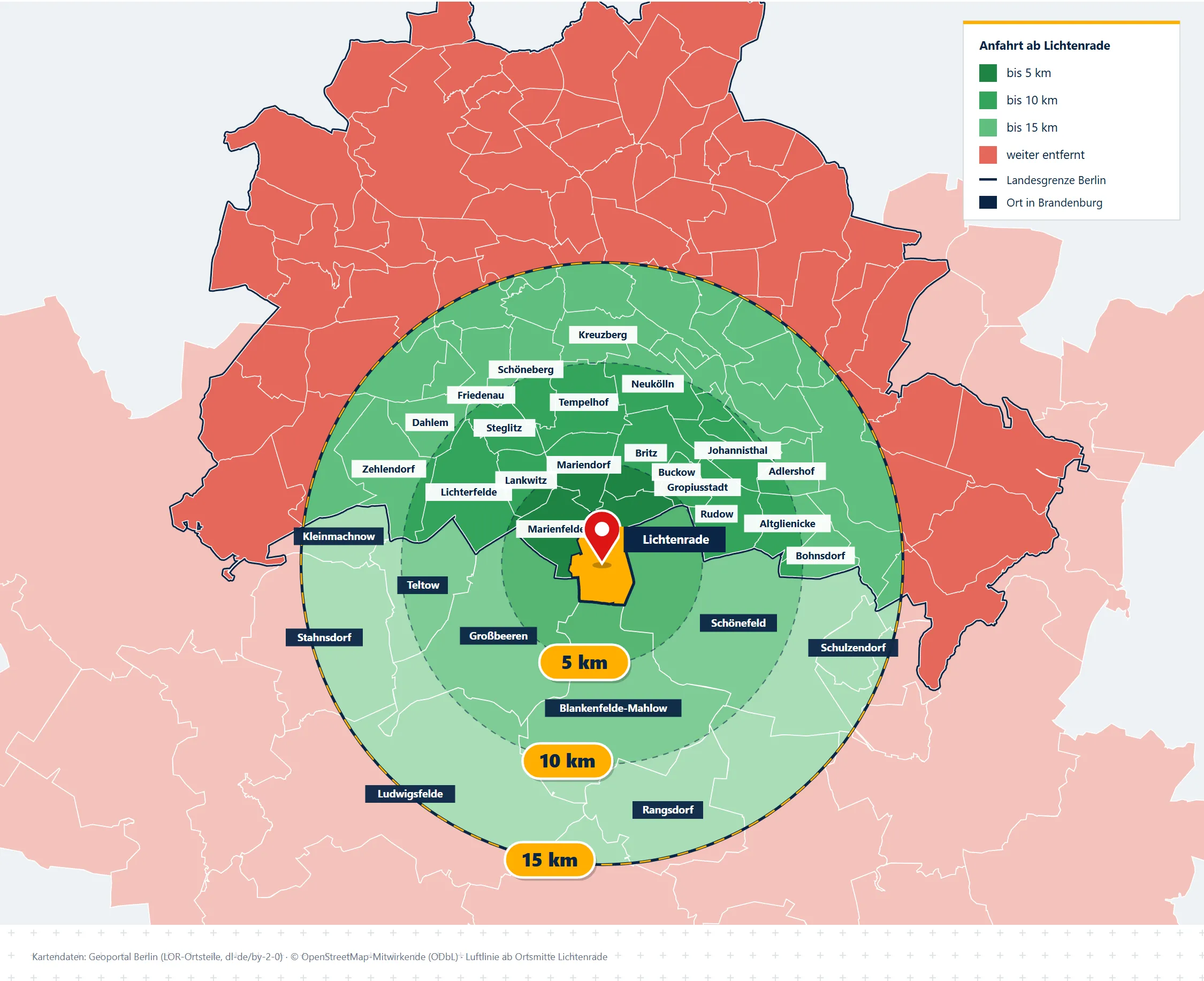 Karte: Einsatzgebiet rund um Lichtenrade. Grün bis 15 km Luftlinie, rot weiter entfernt.